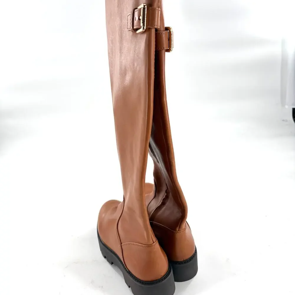 Franco Sarto Balinboot Tall Boots 9.5 NWOT Knee High Cognac Brown Leather Lug